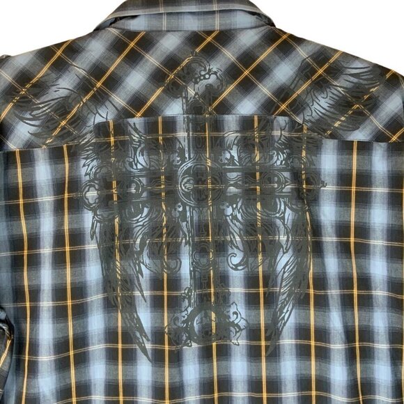 Empra Mens 3XL Plaid Western Shirt Cross Angel Wings Detail Diamond Snaps - Picture 4 of 6